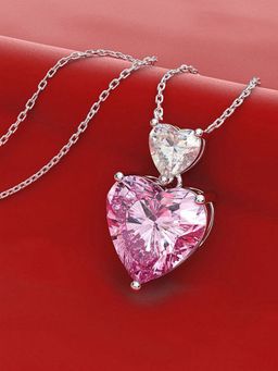 Designs & You - Silver Plated American Diamond Studded Pink Heart Shape Pendant