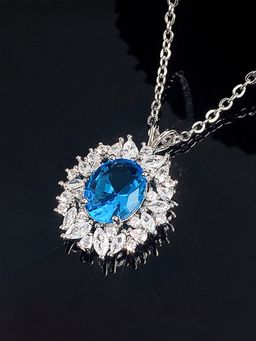 Designs & You - Silver Plated American Diamond Studded Blue Oval Shape Contemporary Pendant