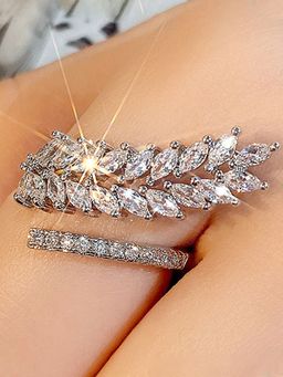 Designs & You - Silver-Plated Cz Stone-Studded Leaf Inspired Adjustable Silver Ring