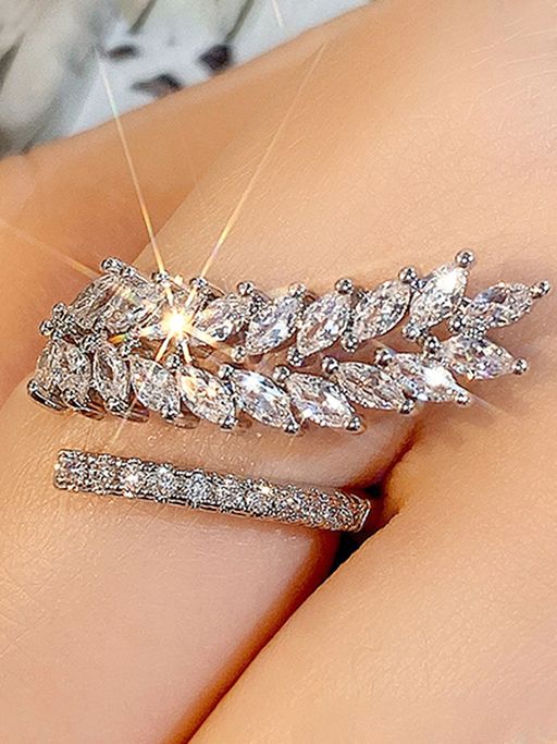 Designs & You Silver-Plated Cz Stone-Studded Leaf Inspired Adjustable Silver Ring
