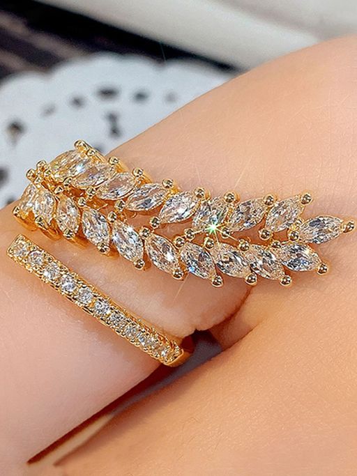 Designs & You Gold-Plated Cz Stone-Studded Leaf Inspired Adjustable Finger Ring