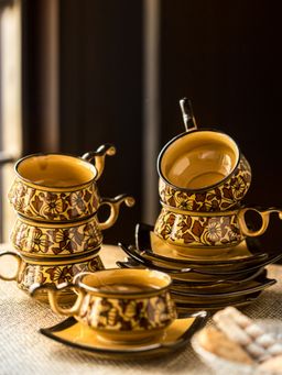 ExclusiveLane - Studio Pottery Ceramic Cup & Saucer Set Of 6 In Brown