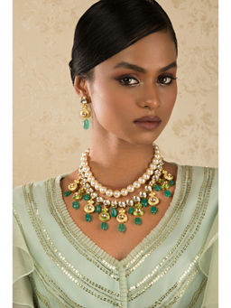 Joules By Radhika - Green Ethnic Enamelled Kundan Jade Drops & Shell Pearls Necklace And Earrings Set