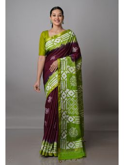 Unnati Silks - Wine & Green Pure Batik Chanderi Silk Saree with Unstitched Blouse