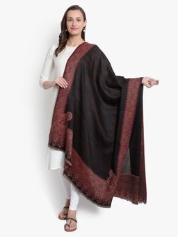 Mizash - Women Fine Wool Black Stripes Paisley Designer Woven Soft Shawl