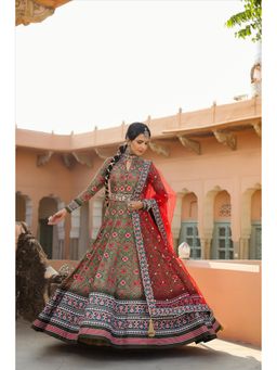 Scakhi - Mehendigreen Cotton Silk Patola Print Anarkali With Belt And Net Dupatta (Set of 3)