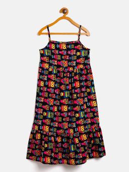 Uptownie - Girls Printed A-Line Thin Strap Sleeveless Dress Black