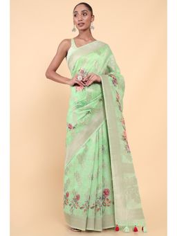 Soch - Women Green Chanderi Floral Saree with Unstitched Blouse