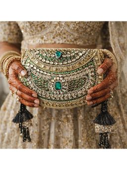 Tash Bags - Sheesh Mahal Nazakat Embellished Brass Clutch with Detachable Chain