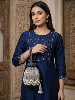 Odette - Black Suede Cutdana and Pearl Embellished Potli Bag