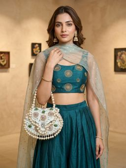 Odette - Multicolor Suede Pearl and Sequence Embellished Clutch with Detachable Chain