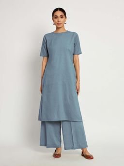Thevasa - Blue Dawn Round Neck Long Solid Kurta & Palazzo (Set of 2)