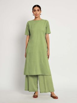 Thevasa - Sage Green Round Neck Long Solid Kurta & Palazzo (Set of 2)