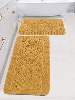 Saral Home - Kaku Cotton Antiskid Bath Mat and Runner, Gold (Set of 2)