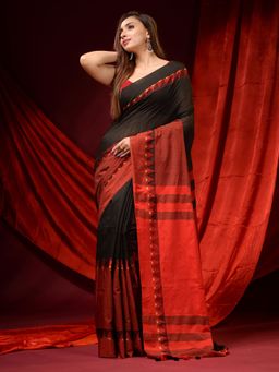 CHARUKRITI - Black and Brown Pure Cotton Handwoven Temple Borders Saree with Unstitched Blouse