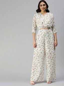 SHOWOFF - Women Above Knee V-Neck White Floral Co-Ord (Set of 2)