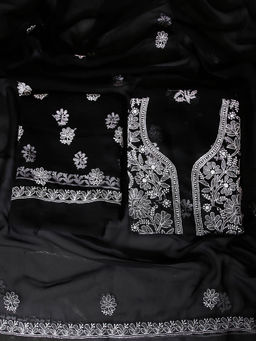 ADA - Hand Embroidered Black Georgette Lucknowi Chikankari Dress Material - A211279 (Set of 3)