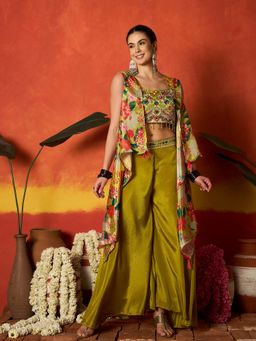 Stylum - Women Olive Floral Embroidered Crop Top with Shrug and Palazzo