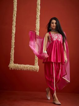 Stylum - Women Pink Embroidered Sequined Work Kurti with Dhoti Pant and Dupatta