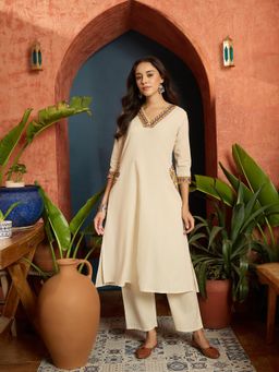 Stylum - Women Cream Embroidered Mirror Work Kurta with Pant