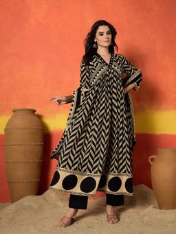 Stylum - Women Black Printed Mirror Work Anarkali Kurta with Pant and Dupatta