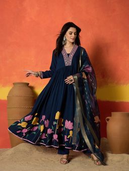 Stylum - Women Navy Blue Floral Embroidered Anarkali Kurta with Pant and Dupatta