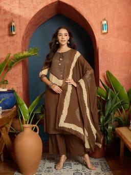 Stylum - Women Brown Printed Mirror Work Kurta with Palazzo and Dupatta