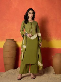 Stylum - Women Olive Printed Mirror Work Kurta with Palazzo and Dupatta