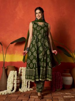 Stylum - Women Olive Printed Thread Work Anarkali Kurta with Pant and Dupatta