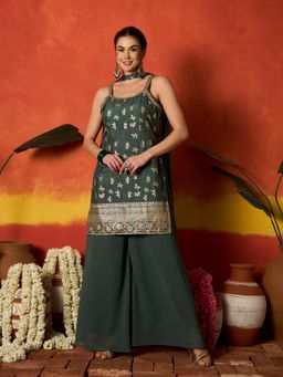 Stylum - Women Green Floral Woven Kurti with Palazzo and Dupatta