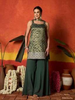Stylum - Women Green Woven Sequined Work Kurti with Palazzo and Dupatta