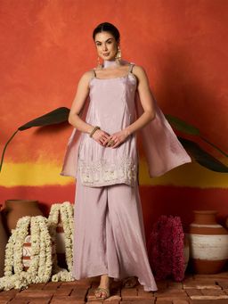 Stylum - Women Lavender Embellished Beads Work Kurti with Palazzo and Dupatta