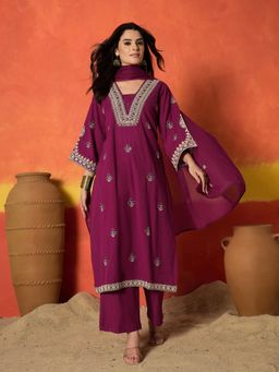 Stylum - Women Wine Embroidered Mirror Work Kurta with Pant and Dupatta
