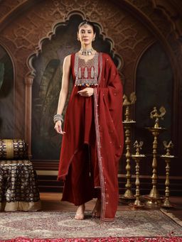 Stylum - Women Maroon Embroidered Mirror Work Kurta with Palazzo and Dupatta