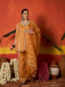 Stylum - Women Mustard Solid/Plain Lace Work Kurti with Palazzo and Dupatta