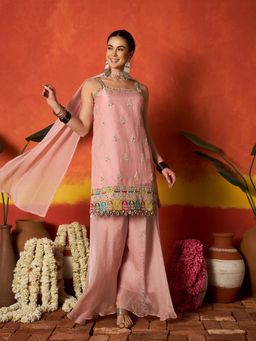 Stylum - Women Pink Embroidered Mirror Work Kurti with Palazzo and Dupatta