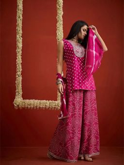 Stylum - Women Pink Printed Bandhani Kurti with Palazzo and Dupatta