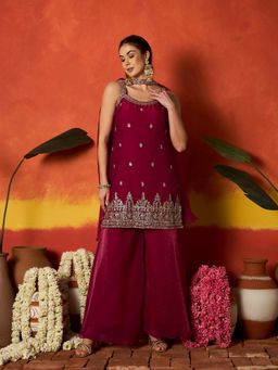 Stylum - Women Pink Embellished Beads Work Kurti with Palazzo and Dupatta