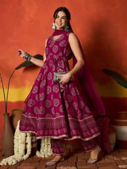 Stylum - Women Wine Printed Thread Work Anarkali Kurta with Pant and Dupatta