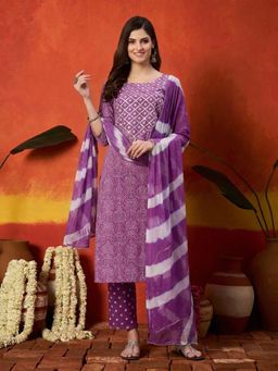 Stylum - Women Purple Printed Bandhani Kurta with Pant and Dupatta