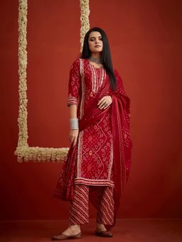 Stylum - Women Red Printed Bandhani Kurta with Pant and Dupatta
