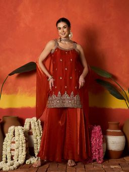 Stylum - Women Rust Embellished Beads Work Kurti with Palazzo and Dupatta