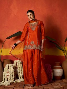 Stylum - Women Orange Embroidered Sequined Work Kurti with Palazzo and Dupatta