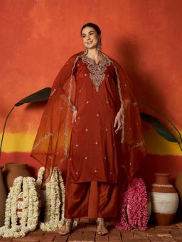 Stylum - Women Rust Embroidered Thread Work Kurta with Pant and Dupatta