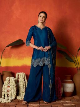 Stylum - Women Navy Blue Floral Embroidered Kurti with Palazzo and Dupatta