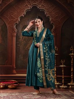 Stylum - Women Teal Floral Embroidered Anarkali Kurta with Pant and Dupatta