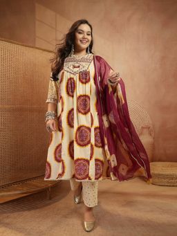 Stylum - Women Cream-Maroon Printed Bandhani Kurta with Pant and Dupatta