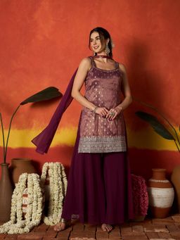 Stylum - Women Wine Woven Sequined Work Kurti with Palazzo and Dupatta