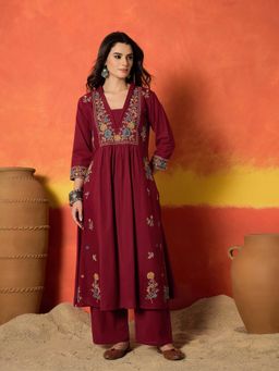 Stylum - Women Maroon Floral Embroidered Kurta with Palazzo