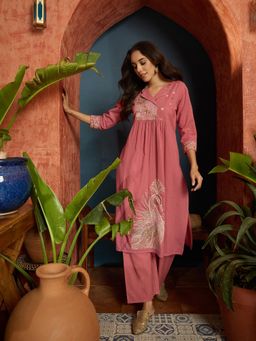 Stylum - Women Peach Embroidered Mirror Work Kurta with Palazzo